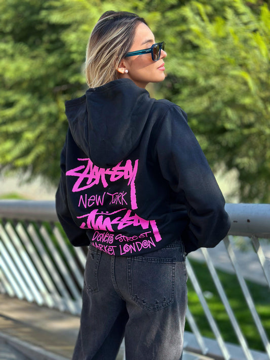 Poleron Oversize "Stussy" Negro letras Fucsia